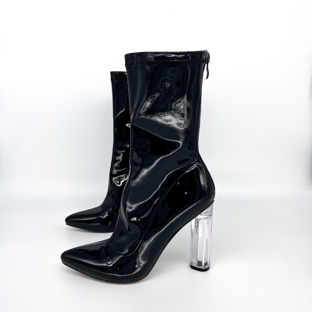 Black Latex / wet look with clear lucite heels boots.